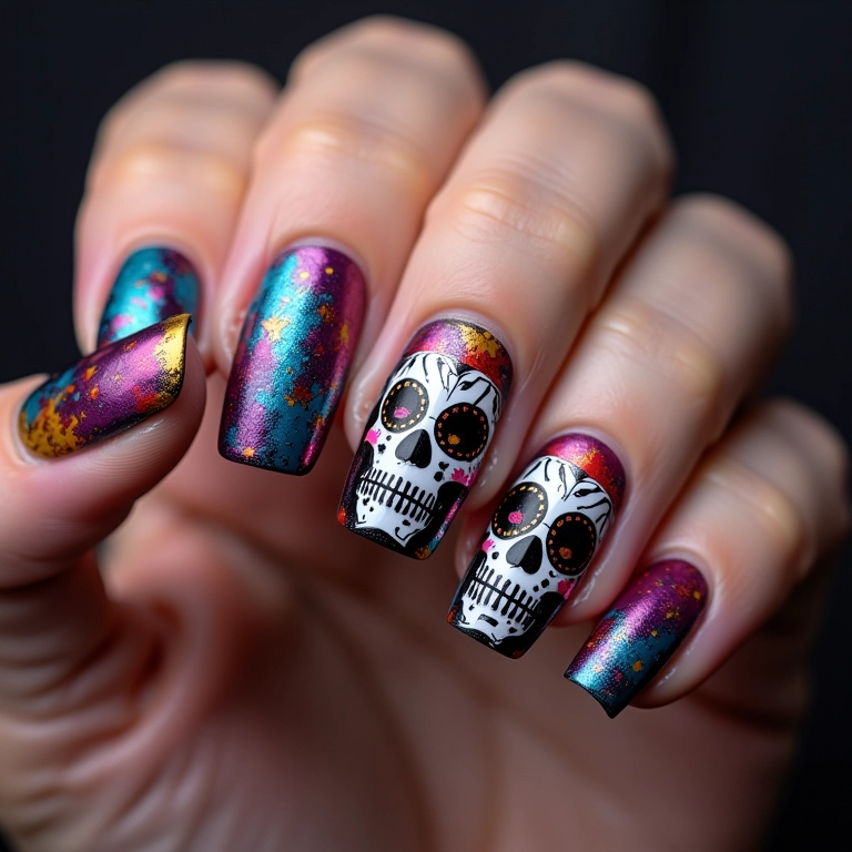 Unhas com caveiras coloridas, vibrantes e divertidas.