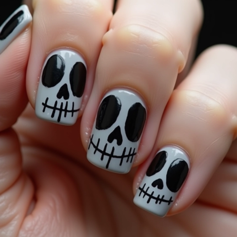 Unhas com caveiras minimalistas, simples e elegantes.