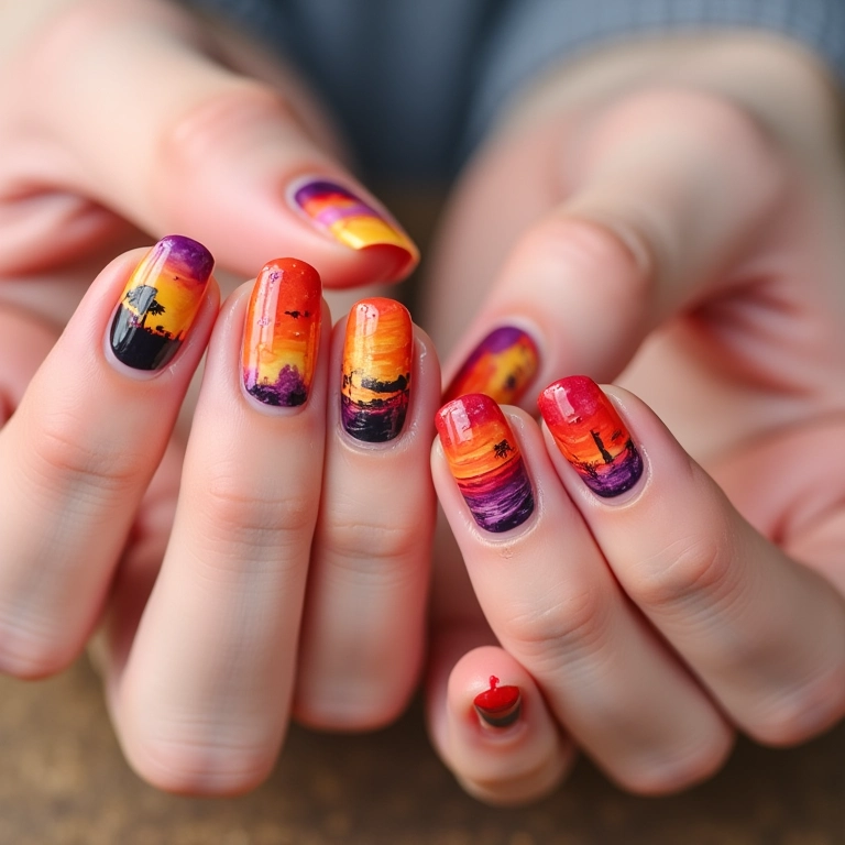 Unhas com combinação de técnicas de nail art com tema de pôr do sol.