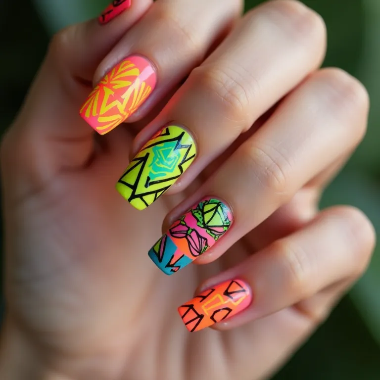 Unhas com cores vibrantes e neon em padrões geométricos ousados.