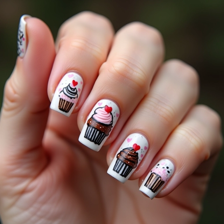 Unhas com cupcakes desenhados à mão livre.