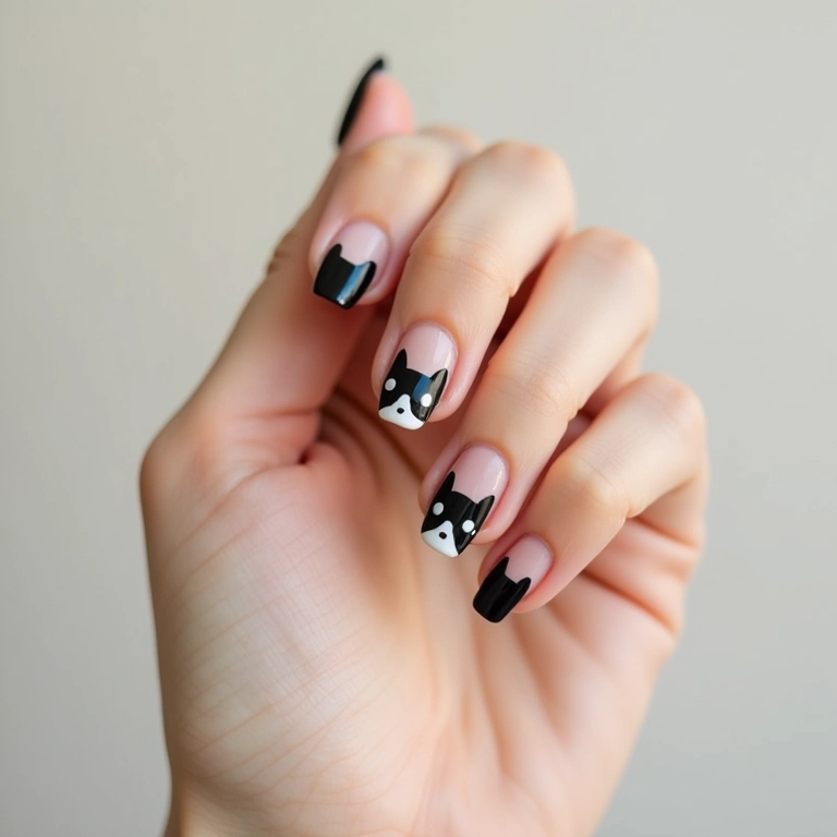 Unhas com decoração minimalista de gatinho preto e branco.