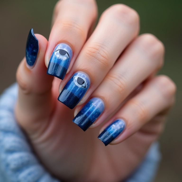 Unhas com degradê azul e detalhe de olho grego azul.