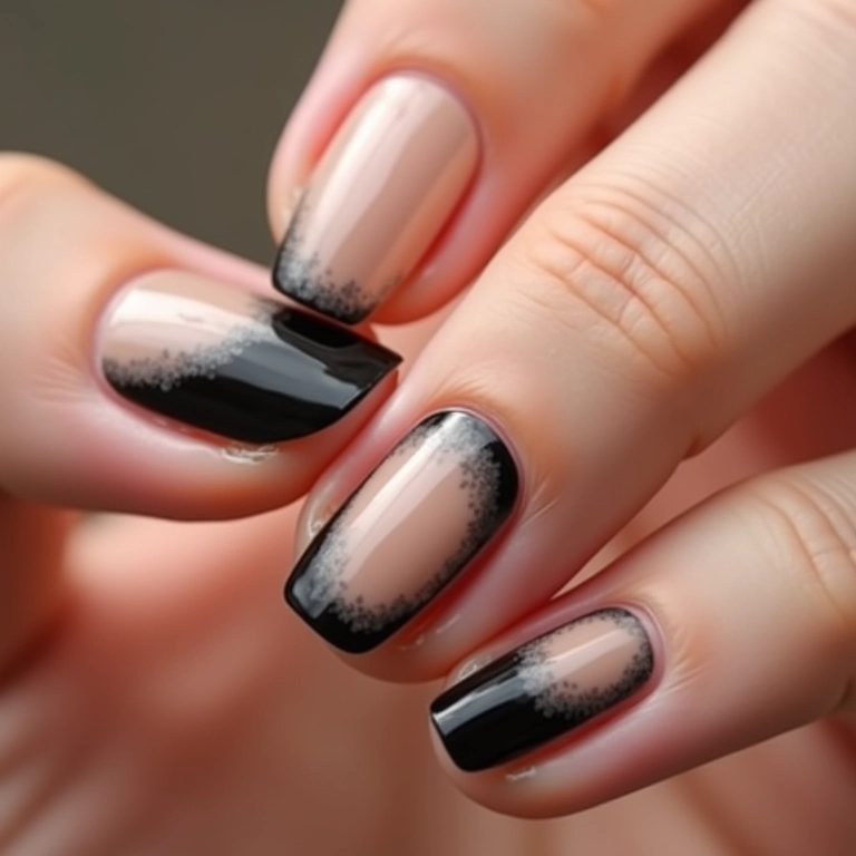 Unhas com degradê de bege para preto.