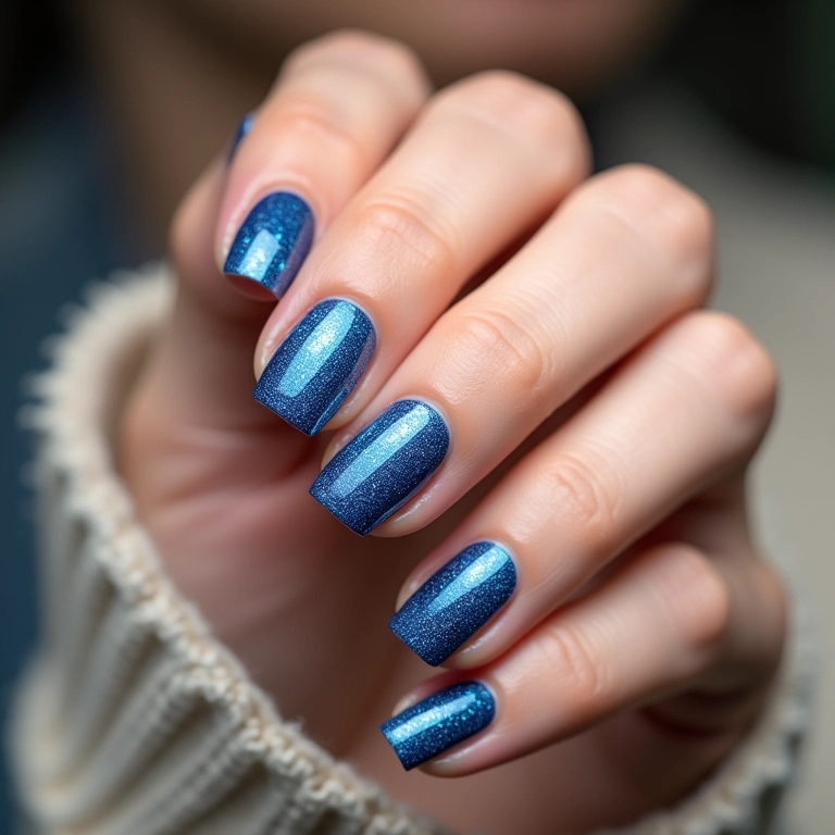 Unhas com degradê de glitter azul suave e elegante.