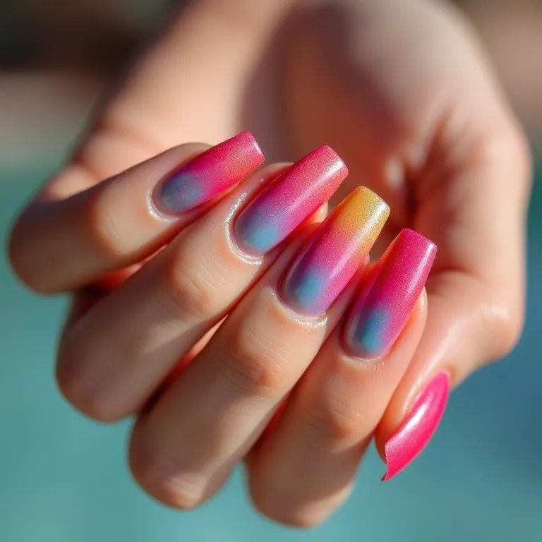 Unhas com degradê em cores vibrantes, perfeitas para o verão.
