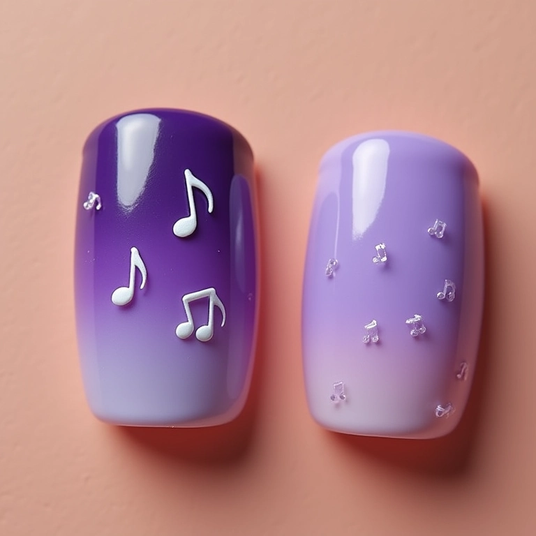 Unhas com degradê em tons de roxo e notas musicais.