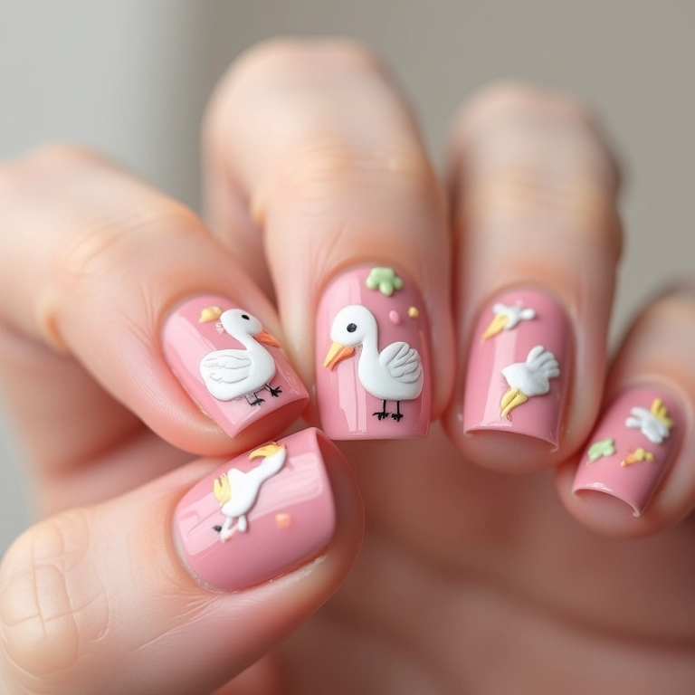 Unhas com desenho de cegonha para chá revelação.