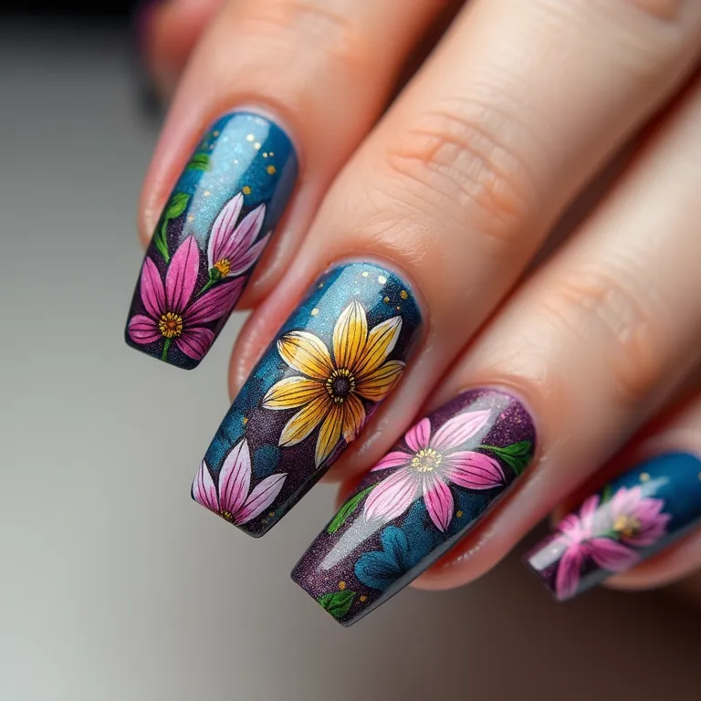 Unhas com desenhos à mão livre, uma expressão artística em suas unhas.