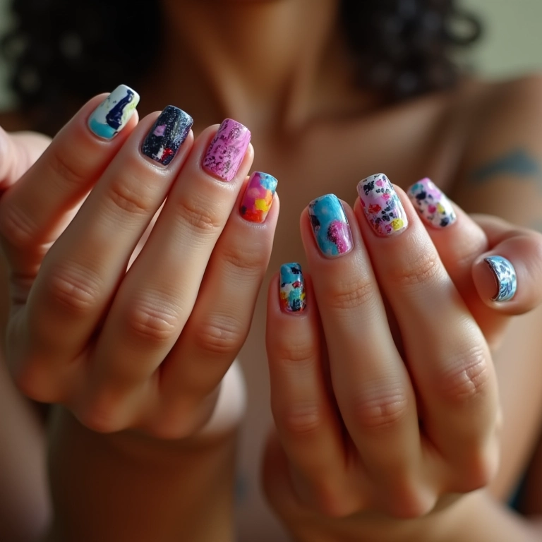 Unhas com desenhos abstratos com durex, liberdade para criar.