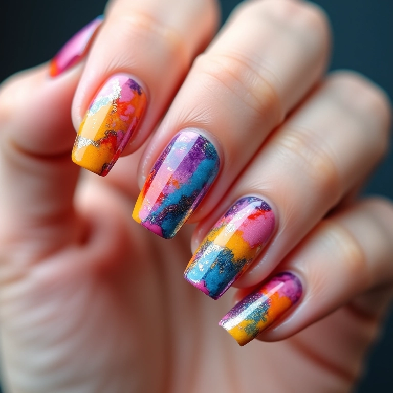 Unhas com desenhos abstratos e cores vibrantes.
