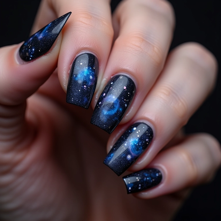 Unhas com desenhos de buracos negros.