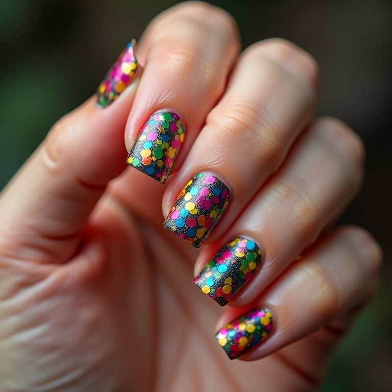 Unhas com desenhos de confetes para o Carnaval.