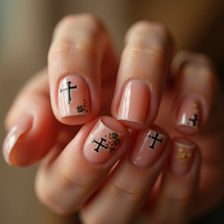 Unhas com desenhos de cruz discretos, símbolo de fé e elegância.