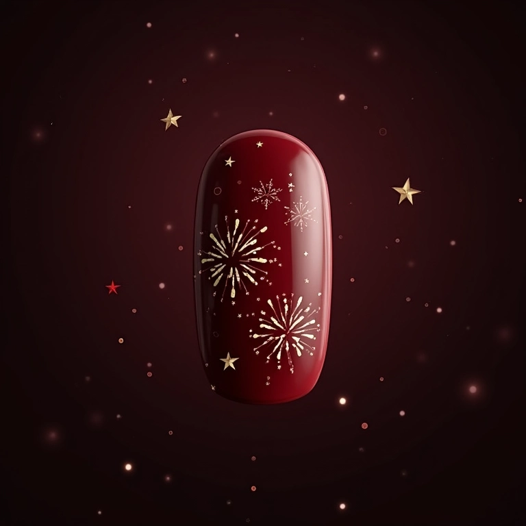 Unhas com desenhos de fogos de artifício para o Ano Novo.