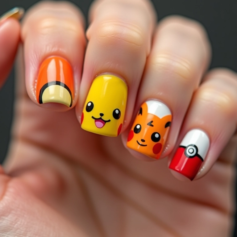 Unhas com desenhos de Pokémon: Pikachu e Poké Bola.