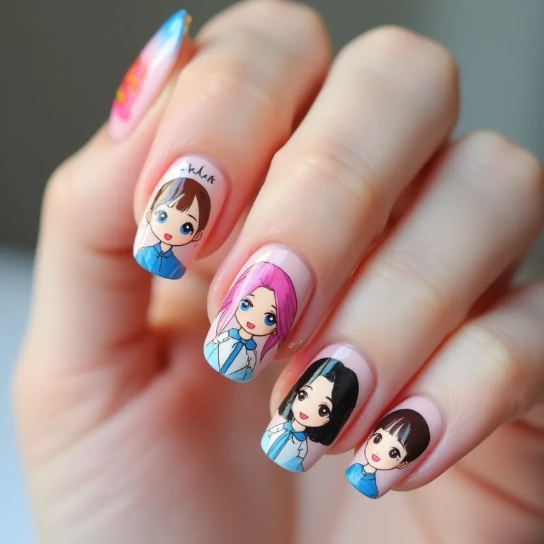 Unhas com desenhos estilizados dos integrantes de um grupo Kpop, em estilo cartoon e cores pastel.