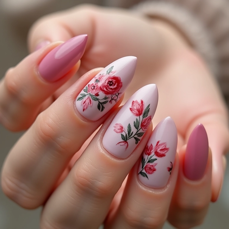 Unhas com desenhos florais feitos à mão livre.