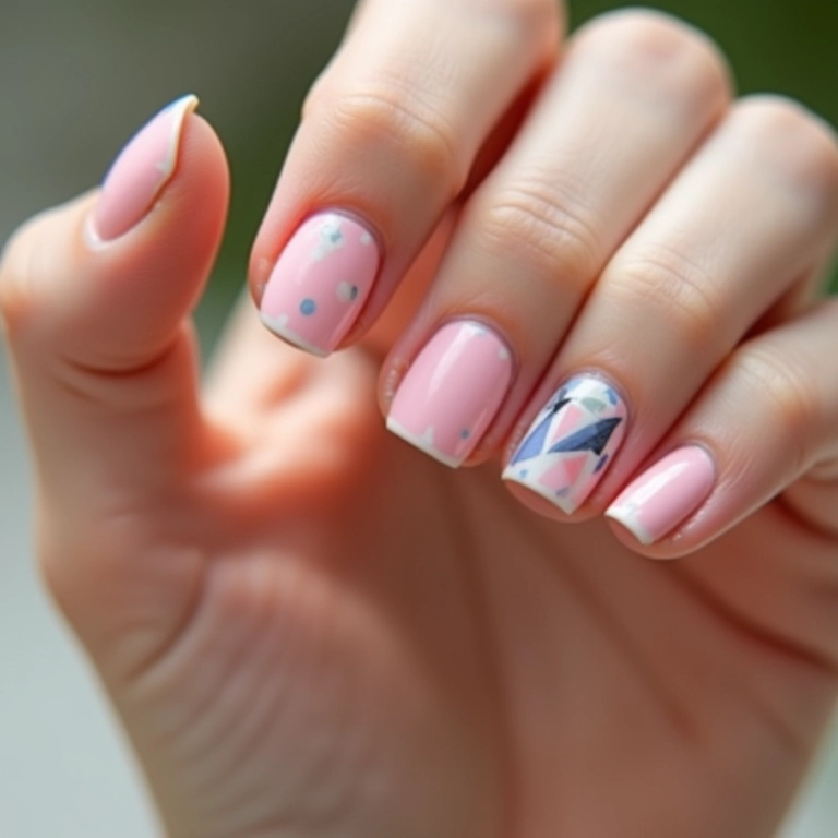 Unhas com desenhos geométricos delicados e minimalistas.