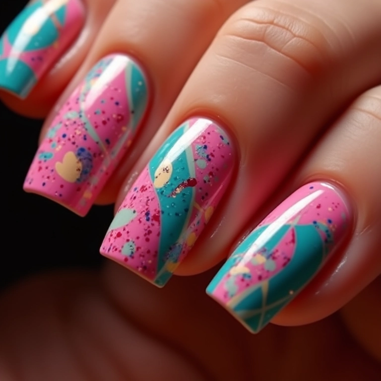 Unhas com desenhos geométricos e abstratos para o Carnaval.