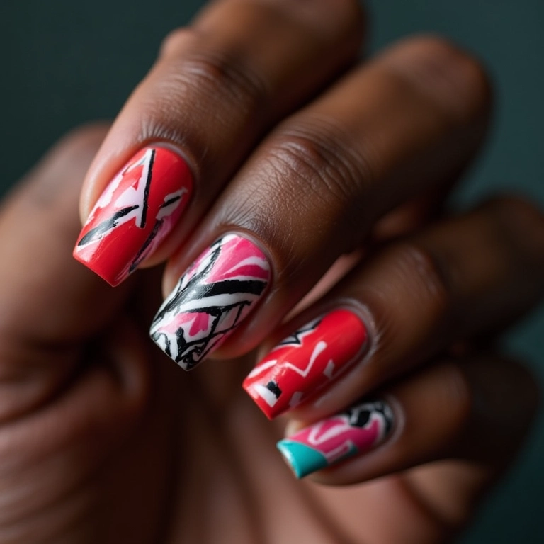 Unhas com desenhos geométricos e esmalte Xodó.