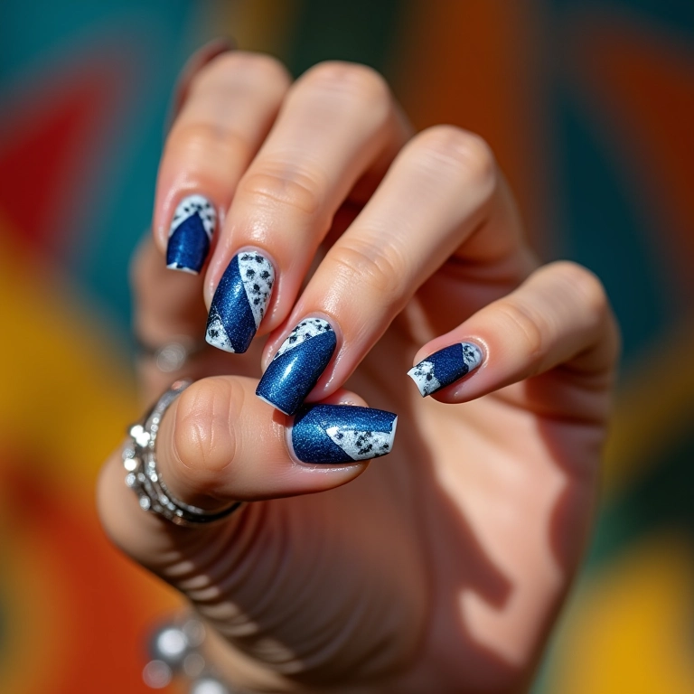 Unhas com desenhos geométricos em azul e branco.
