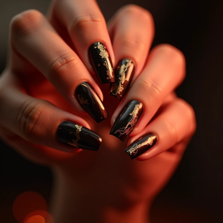 Unhas com desenhos geométricos em preto e dourado para festa.
