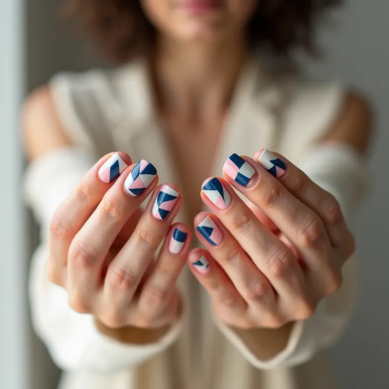 Unhas com desenhos geométricos, estilo moderno.