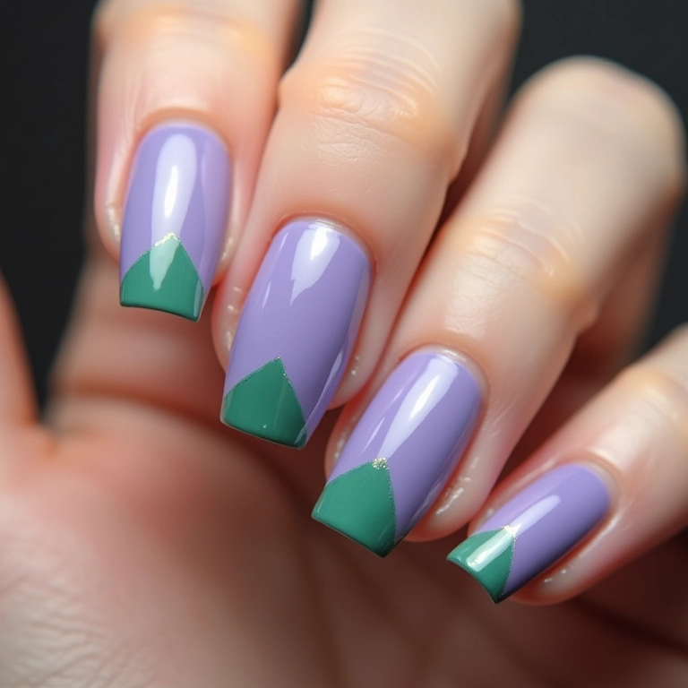 Unhas com desenhos geométricos lilás e verde.