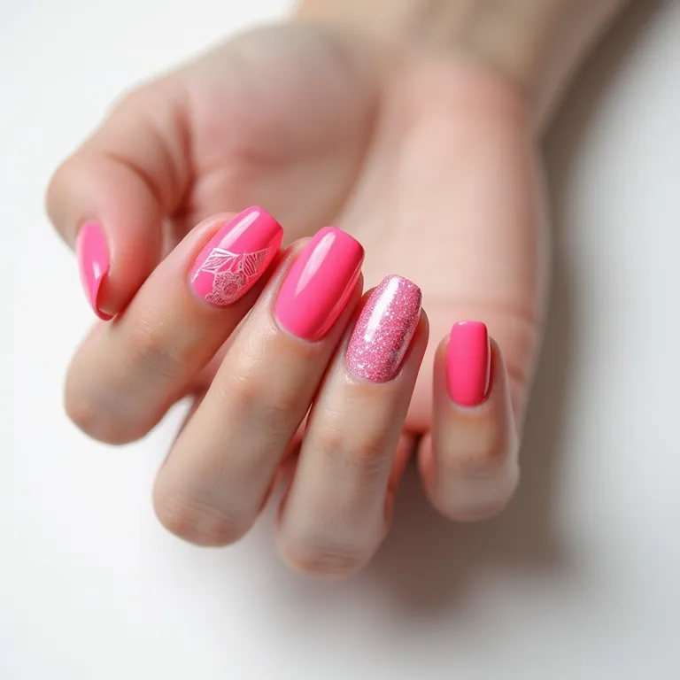 Unhas com desenhos geométricos rosa neon.
