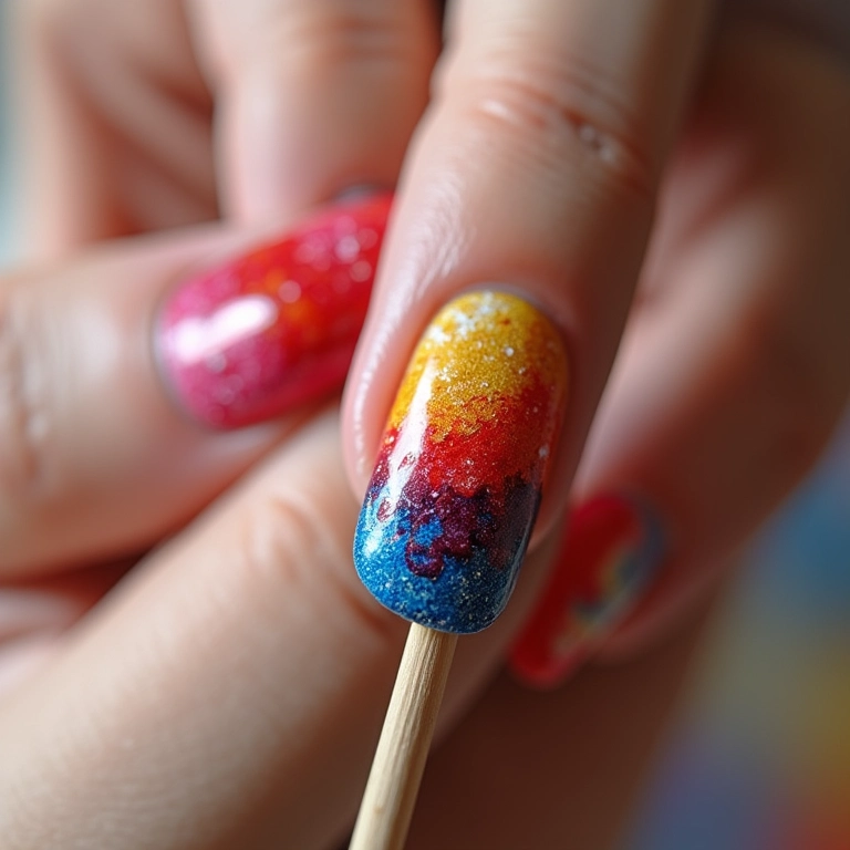 Unhas com detalhes abstratos criados com palito, cores vibrantes e liberdade criativa.
