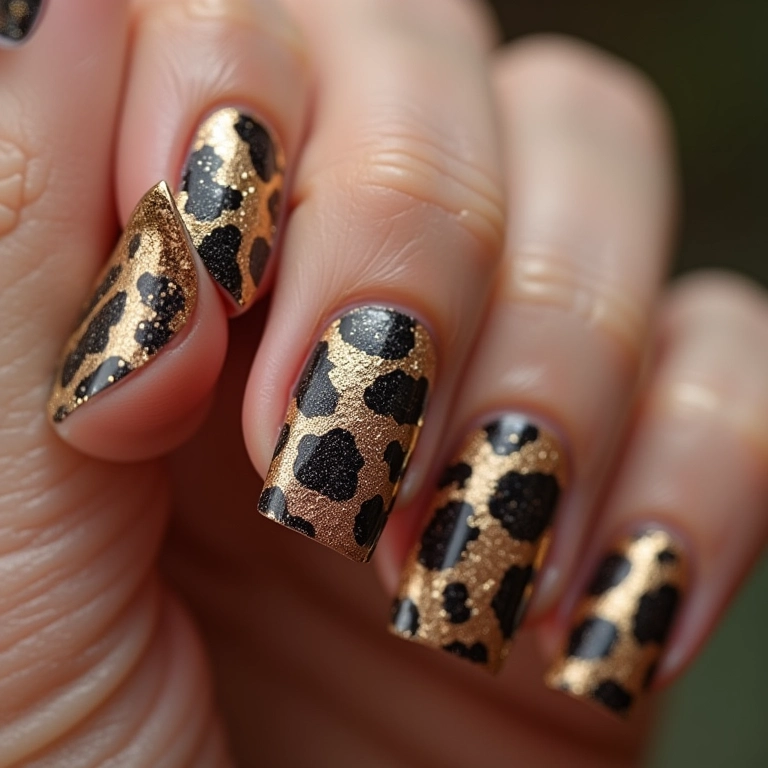 Unhas com detalhes em dourado e animal print.