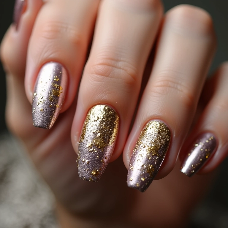 Unhas com detalhes em dourado e prateado, brilho e elegância.