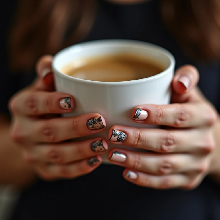 Unhas com detalhes em renda preta sobre nude.