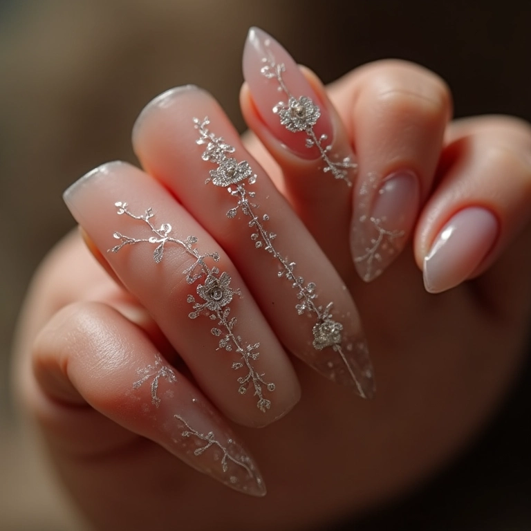 Unhas com detalhes em renda, sofisticação e requinte.