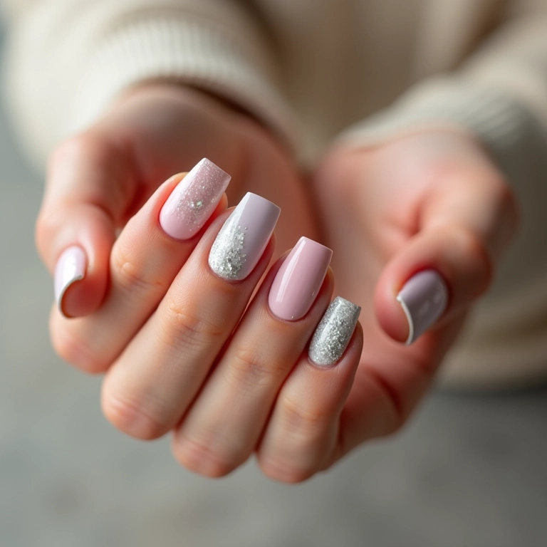 Unhas com detalhes geométricos, design minimalista e cores neutras.