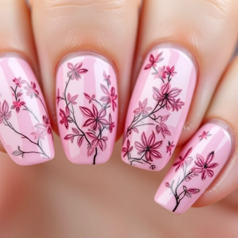 Unhas com diversos adesivos florais e geométricos em uma base rosa claro.