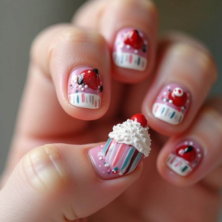 Unhas com efeito 3D e tema de cupcake.