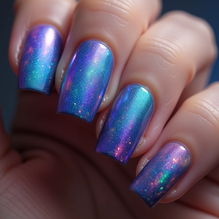 Unhas com efeito aurora boreal e cores vibrantes.