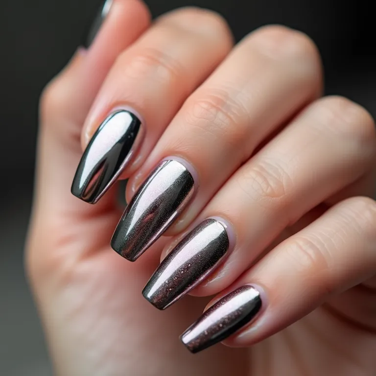 Unhas com efeito cromado em gel.