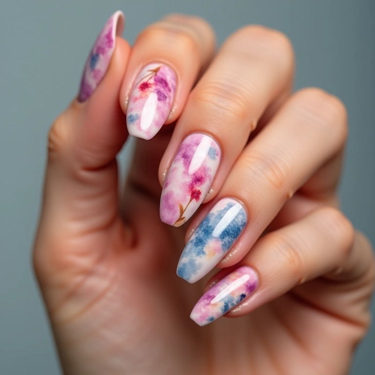 Unhas com efeito de aquarela suave e delicado.