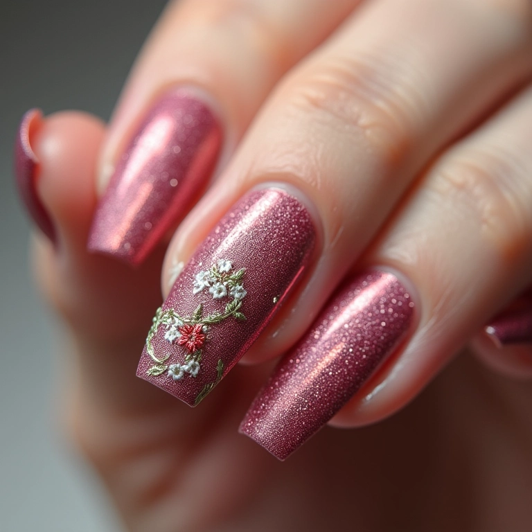 Unhas com efeito de bordado sofisticado.