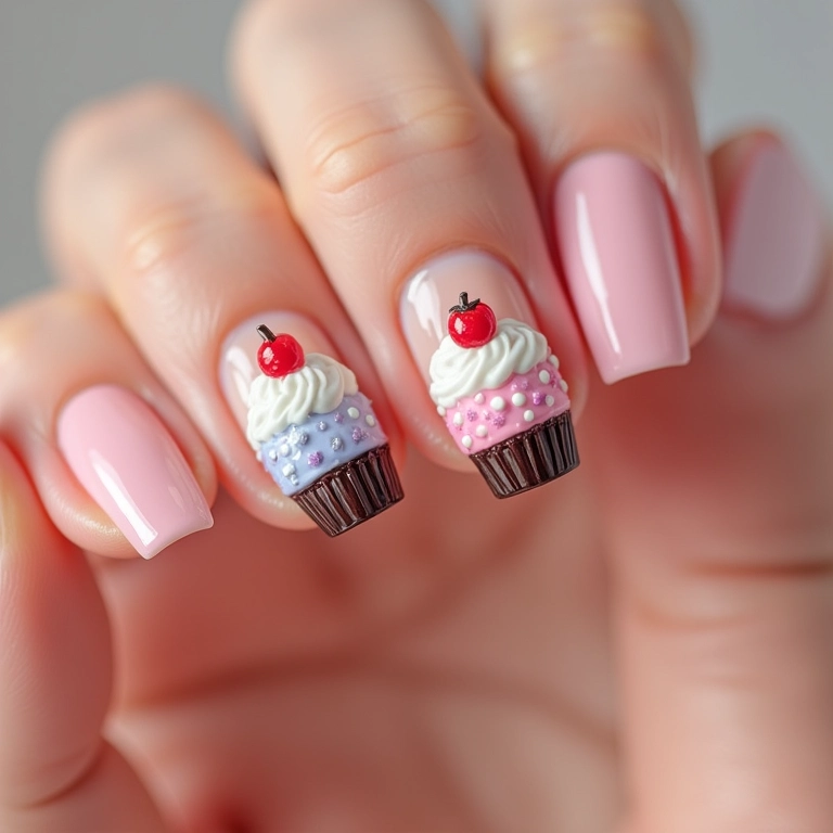 Unhas com efeito degradê e decoração de cupcake.