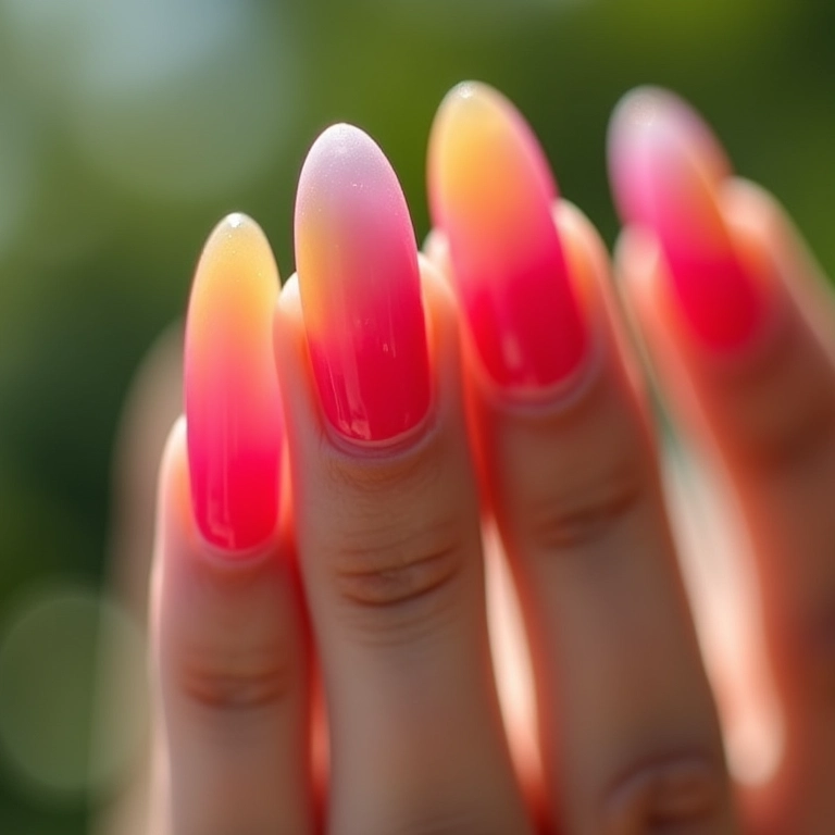 Unhas com efeito degradê em tons vibrantes.