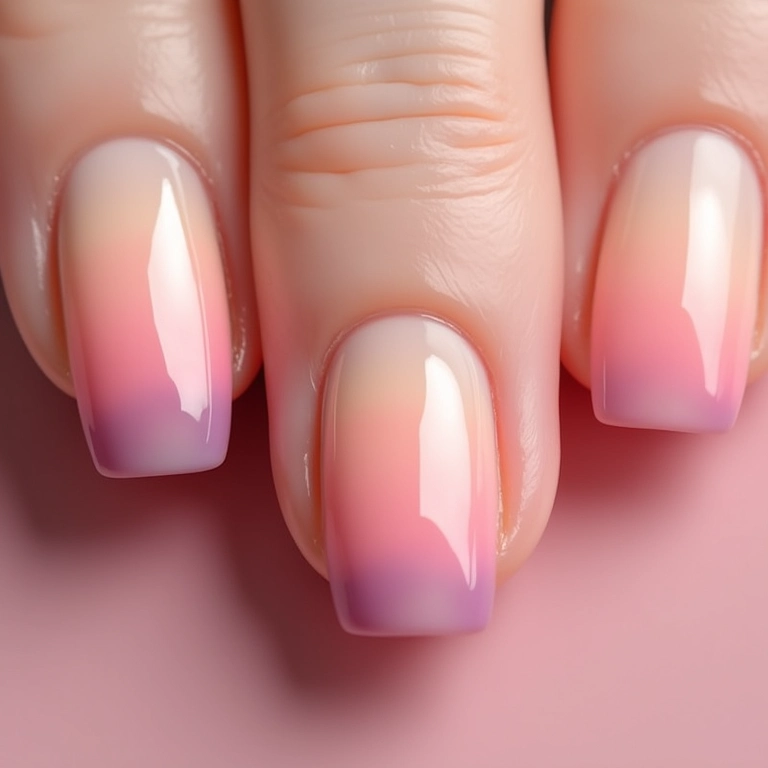 Unhas com efeito degradê, transição suave de cores.