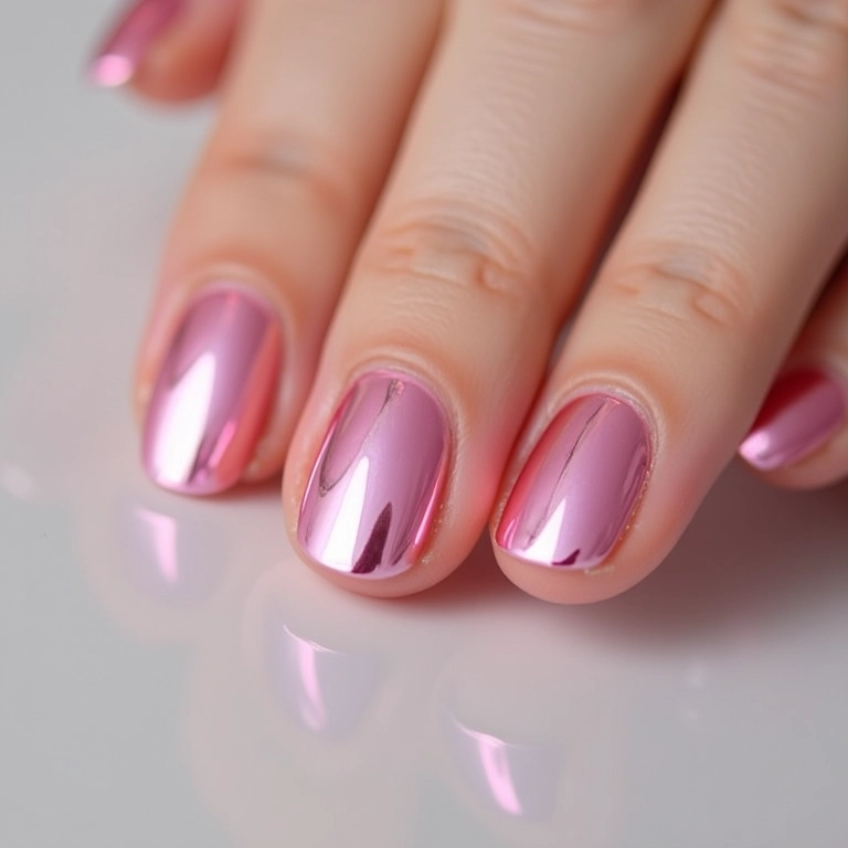 Unhas com efeito espelhado em gel.