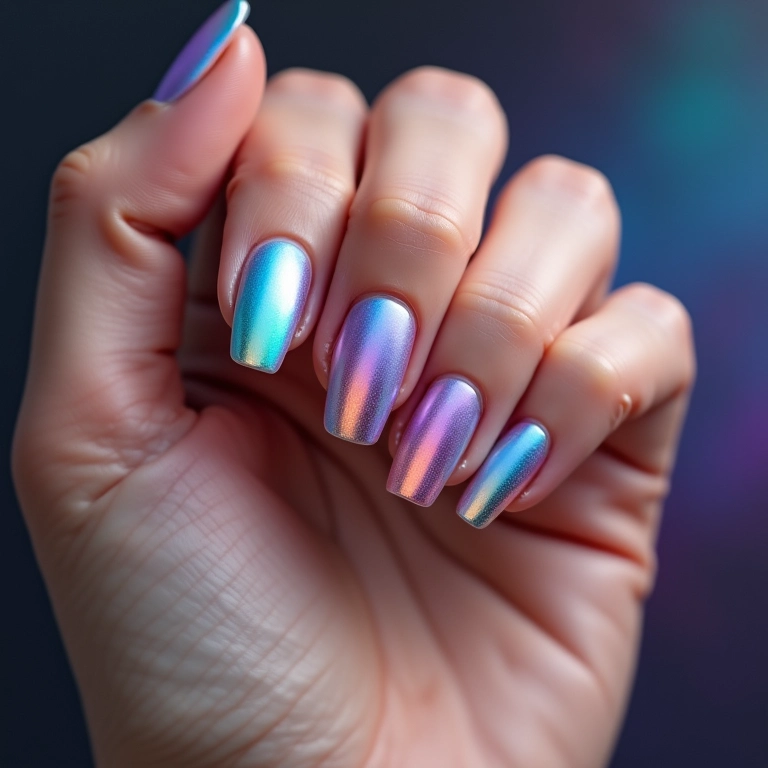 Unhas com efeito holográfico: brilho e modernidade.