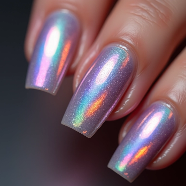 Unhas com efeito holográfico e cores vibrantes.