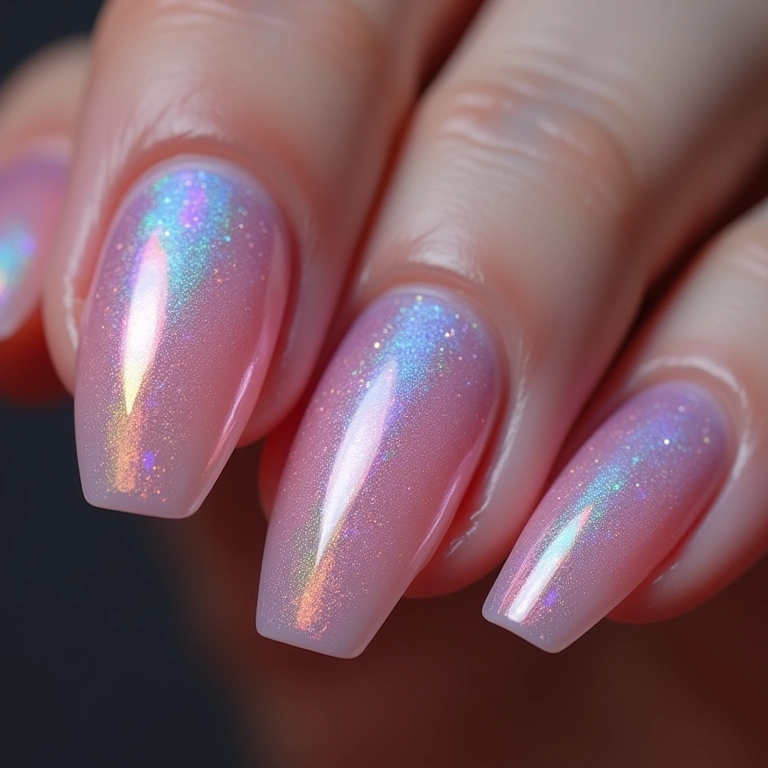 Unhas com efeito holográfico em gel.
