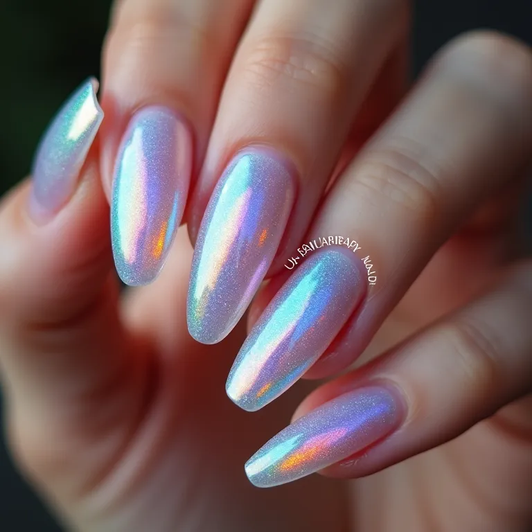 Unhas com efeito holográfico, um brilho futurista e moderno.